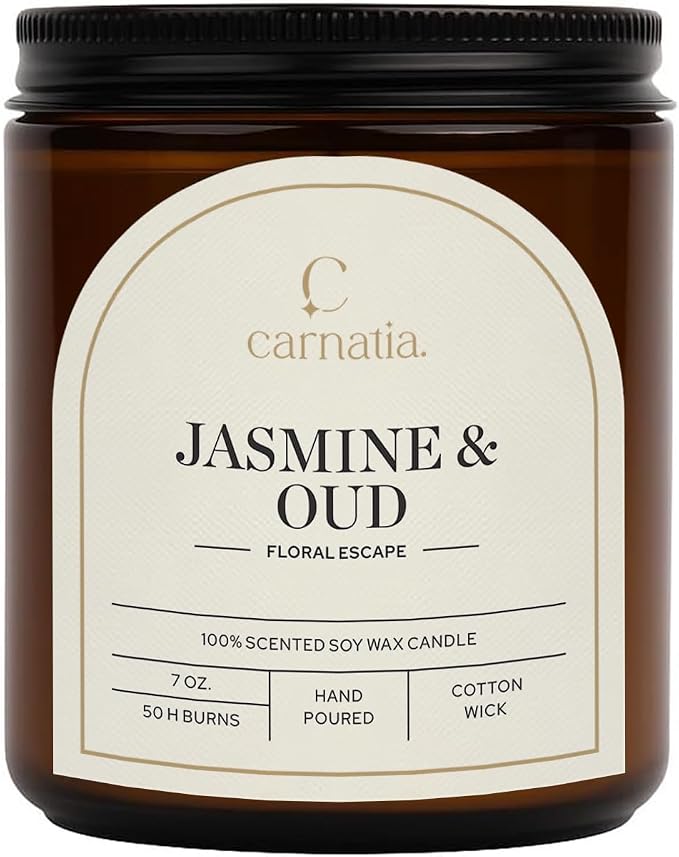 Carnatia Jasmine & Oud Scented Candle – 7 oz | 100% Soy Wax with Cotton Wick | 50 Hour Burn | Aromatherapy Candle for Home, Mood Lift & Relaxation | Gift for Women & Men