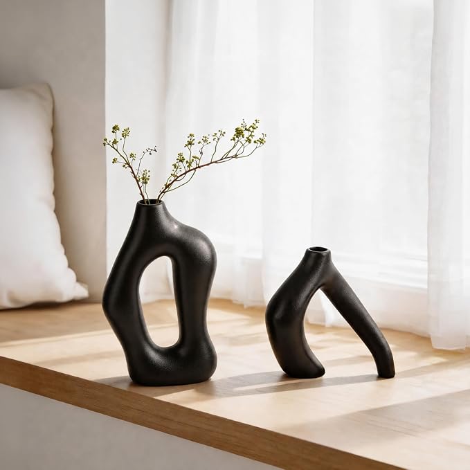 Dowan Black Vases for Decor,Hollow Ceramic Vase Set of 2,8.3" Nordic Modern Boho ins Style Decorative Ceramic Aesthetic Flower Vase for Home Decor Modern Minimalist Table, Entryway Centerpieces