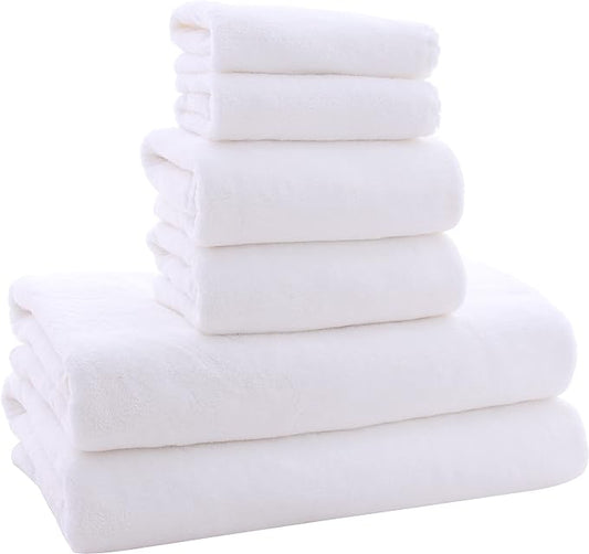 MOONQUEEN Ultra Soft Towel Set - Quick Drying - 2 Bath Towels 2 Hand Towels 2 Washcloths - Microfiber Coral Velvet Highly Absorbent Towel for Bath Fitness, Sports, Yoga, Travel (White, 6 Pieces)