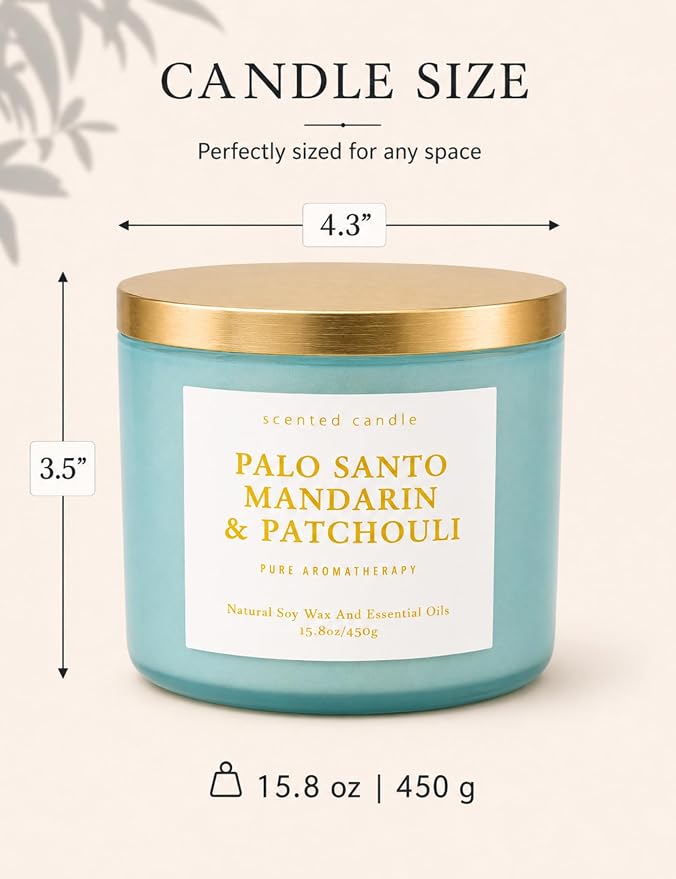 Palo Santo Mandarin Patchouli 3-Wick Soy Candle | 15.8 oz Calming Aromatherapy Candle for Home | Clean Burn Long Lasting | Warm Wood Citrus Scent | Stress Relief Candle Gift for Women & Men