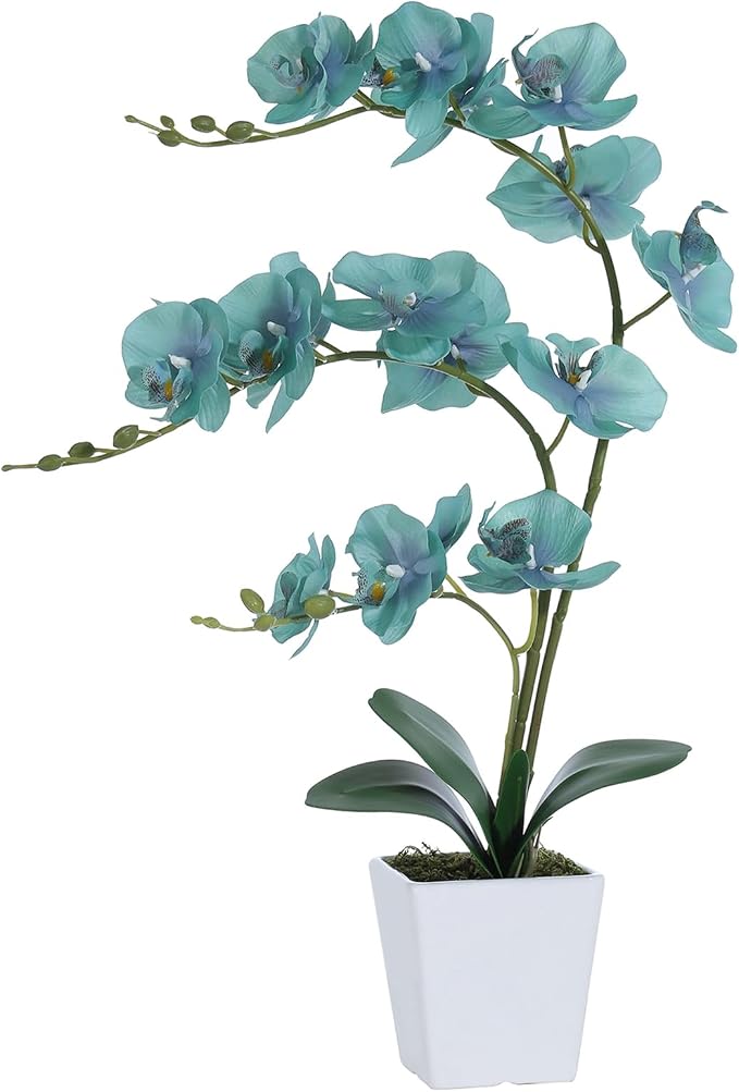 22" Golden Blue Faux Orchid in Ceramic Vase for Table Décor | Real Look Potted Phalaenopsis, Ideal Centerpiece for Home, Office, or Indoor Display, Lifelike Silk Flowers, No Maintenance
