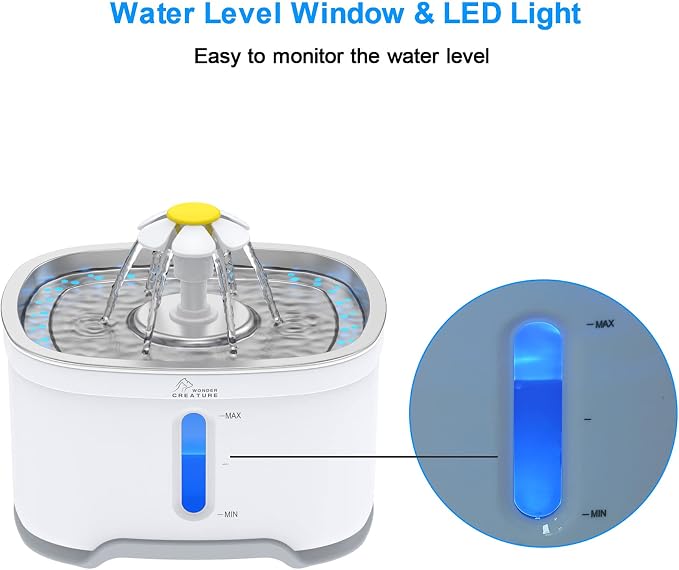 Wonder Creature Cat Water Fountain Stainless Steel Lid with 3 Filters, 84oz | 2.5L Pet Fountain with 3 Carbon Filters, 1 Mat, 2 Spouts, Quiet Pump, LED Water Level Window and 4 Flow Modes