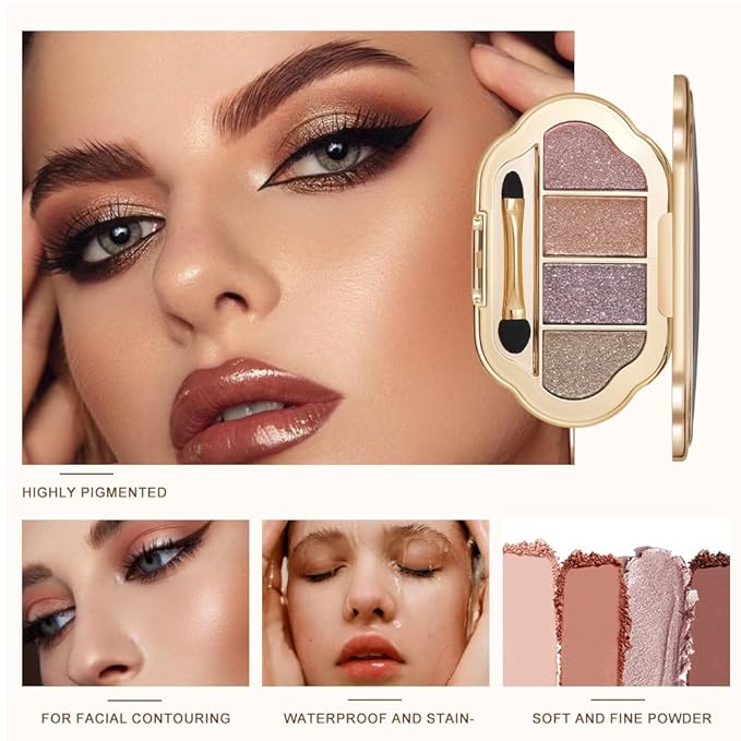 4-Color Eyeshadow Palette, Matte & Shimmer Neutrals, Highly Pigmented & Blendable, Everyday Natural Makeup, Travel-Friendly Compact, Champagne & Chocolate Brown