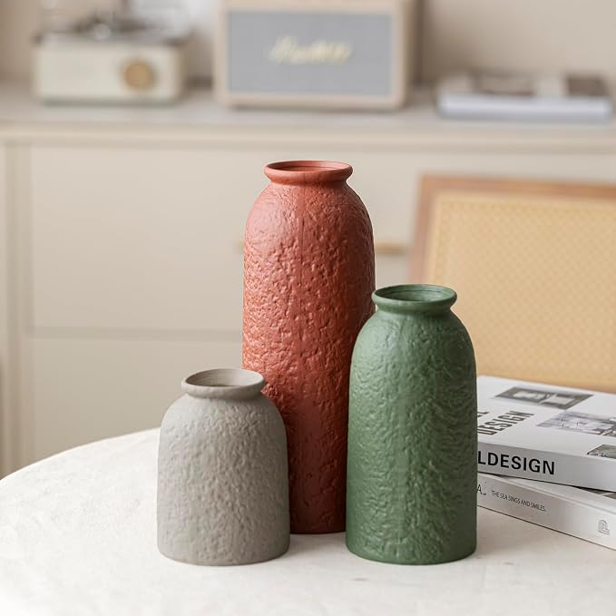 Large Decorative Ceramic Vase Set, 3 Pieces, Nordic Modern Boho Style, Earthtone Color Mix, Modern Farmhouse for Home Decor (XL Red Texture Mix)