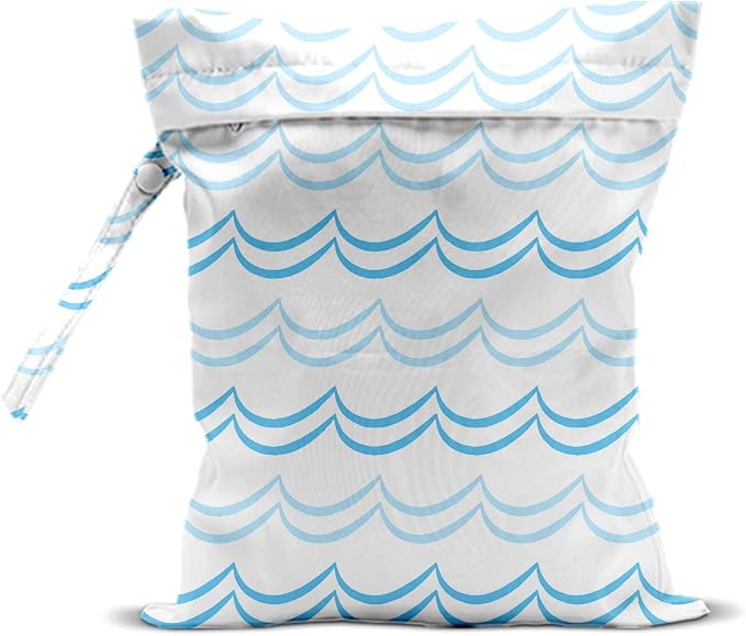Blue and White Wave Pattern Wet Bag 12x10 Inch, Wet Dry Bag for Swimsuit Travel Beach Pool Stroller Diapers Dirty Yoga Gym Clothes Toiletries Waterproof Reusable with Two Zippered Pockets & Handle