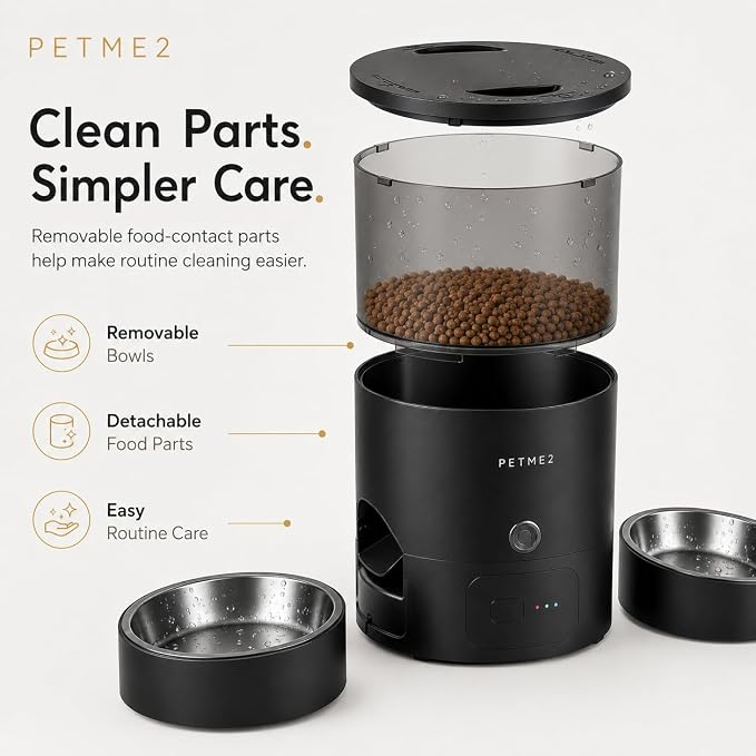 3L Cat Treat Dispenser with Dual Stainless Steel Cat Bowls - Quiet Automatic Cat Feeder for 2 Cats with App Control, 2 Way Audio, Dual Power Options, Self-Feeding Cat Food Dispenser - Black