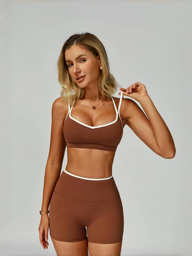 ABOCIW Workout Sets for Women 2 Piece Color Block Strappy Sports Bra High Waist Shorts Gym Yoga Pilates Outfits