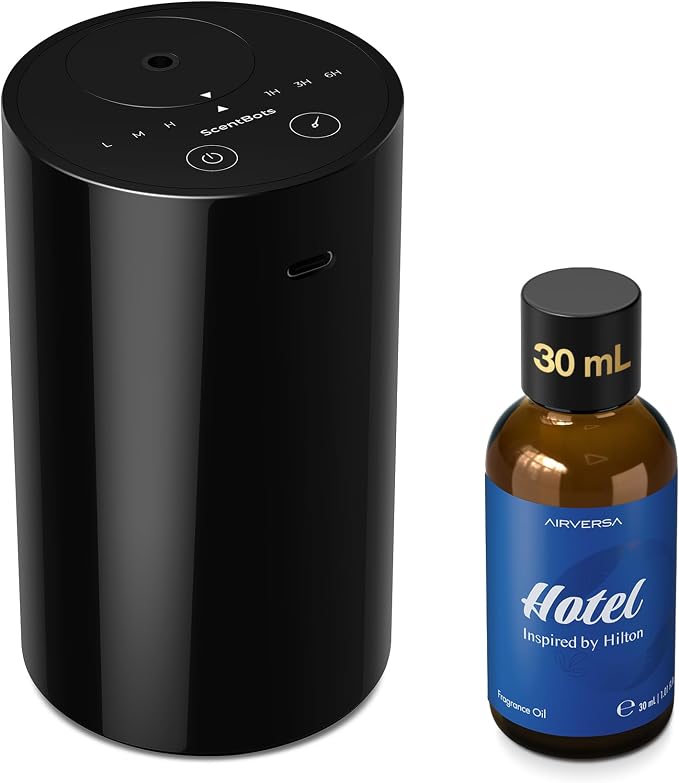 ANZ Waterless Essential Oil Diffuser Starter Kit, Black | 30 mL HTL Hotel Scent Fragrance Oil, Battery Operated, Up to 600 sq ft, Portable for Home Car Office, ANZKit-30-D