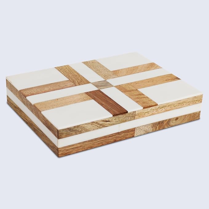 Handicrafts Home White Decorative Storage Box with Lid Wooden Desk Organizer Box Office Storage Box for Workspace Desk Decor Organizer – Resin Inlay Patisserie Delight Collection- 8x6x1.5