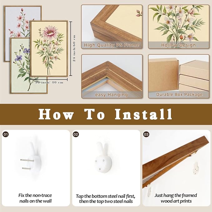 ANHUIB Boho Floral Canvas Wall Art, Framed Minimalist Beige Wildflower Wall Decor, Neutral Botanical Painting 16x24 Inch Set of 3 for Living Room Bedroom Dining Room