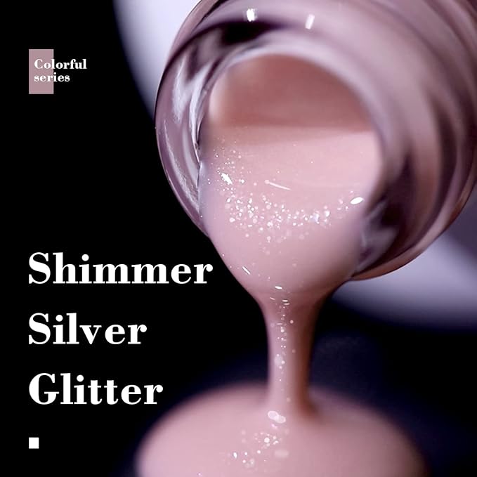 RARJSM Nude Gel Polish Sheer Pink Silver Glitter Jelly Shimmery Nail Gel Polish Iridescent Sparkly Light Pink Soak off Translucent Natural Skin Tone Color 15ml UV LED Cured French Manicure Homa Salon