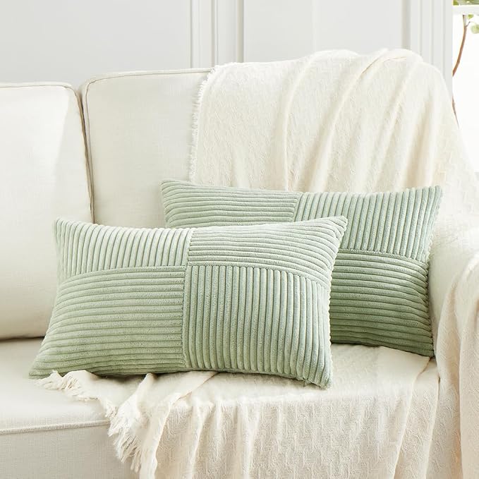 Fancy Homi Sage Green Lumbar Decorative Throw Pillow Covers 16x32 Inch for Living Room Couch Bed, Rustic Farmhouse Boho Home Decor, Soft Striped Corduroy Rectangle Accent Cushion Case 40x80 cm
