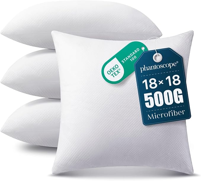 Phantoscope 18x18 Pillow Inserts, Throw Pillow Inserts for Couch, Pack of 4 | 100% Virgin Fiber Hypoallergenic Pillow Form, Soft Throw Pillow Inserts, Lightweight Throw Pillows for Couch Bed Pillows