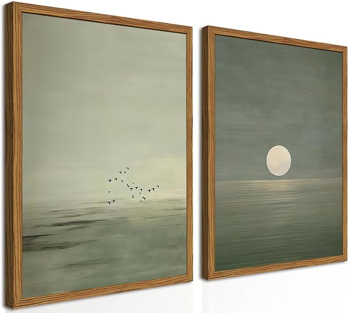 Framed Sage Green Japanese Canvas Wall Art Set of 2, Minimalist Moon and Birds Pictures Wall Decor, Neutral Landscape Artwork Paintings Prints Zen Home Decor for Living Room Bedroom Office 12x16 inch