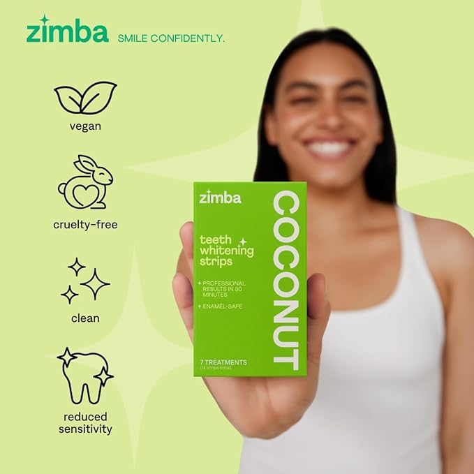 Zimba Coconut Flavored Teeth Whitening Strips | Vegan, Enamel Safe Hydrogen Peroxide Teeth Whitener for Coffee, Wine, Tobacco, and Other Stains | 14 Day Treatment | Coconut
