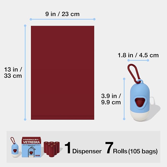 VETRESKA Dog Poop Bag Dispenser with 105 Bags, Leak Proof and Extra Thick | Pet Waste Bags for Dog Walking and Cat Litter, Rose & Amberwood Scented