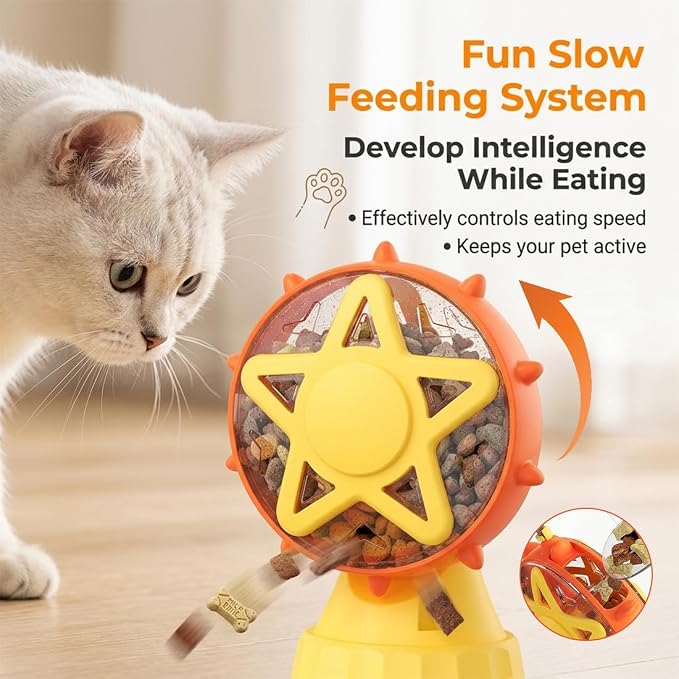 2-in-1 Interactive Cat Toy, Rotating Treat Dispenser with Strong Suction Cup & Teaser Wand, Adjustable Slow Feeder Puzzle Toy for Cats, Boredom Relief & Mental Stimulation Fits Kibble ,Treats (Yellow)