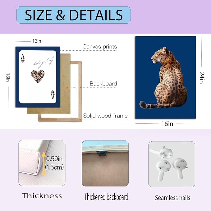 Navy Blue Leopard Canvas Wall Art Set of 3 Cheetah Animal Prints Posters Wall decor Trendy 8 Ball Lucky Me Pictures Aesthetics Artwork for Dormitory Apartment Bedroom Decoration 12x16 Inch Framed