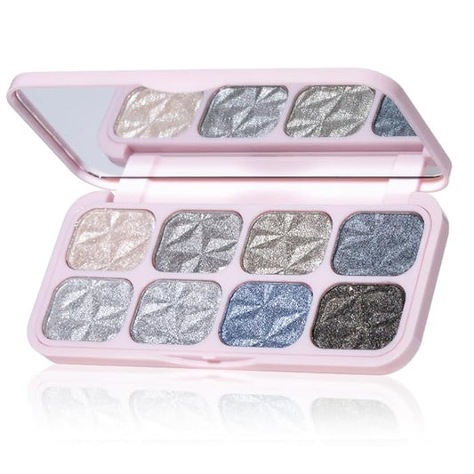 8-Color Eyeshadow Palette, Platinum Crystal Cool, Silver Gray Metallic Shimmer Shades, Long-Lasting Waterproof Formula, Smooth Blendable Eye Makeup for Elegant & Cool Tone Looks