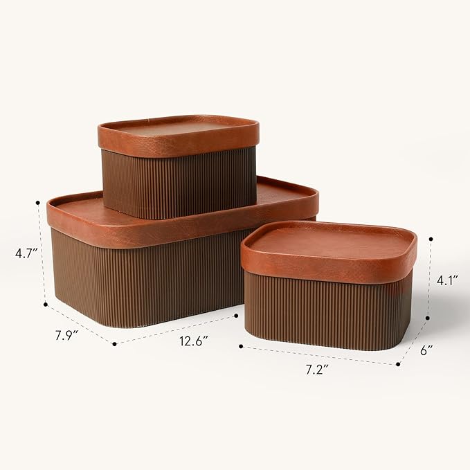 LA JOLIE MUSE Decorative Storage Boxes with Lids Faux Leather, Brown 3 Pack | Vegan Leather Lids, Fluted Cardboard Storage Basket, Organizer for Jewelry, Shelves, Bedroom & Closet Storage Memory Box