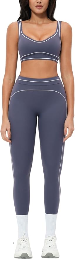 Women 2 Piece Workout U Back Color Block Sports Bra High Waist Tummy Control Active Leggings Yoga Pilates Outfits