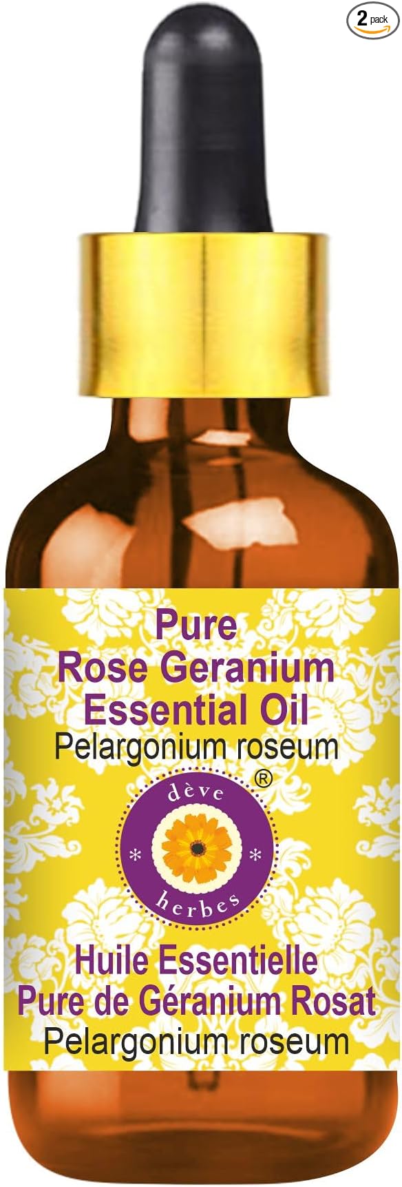 Deve Herbes Pure Rose Geranium Essential Oil (Pelargonium roseum) with Glass Dropper Steam Distilled 15ml (0.50 oz)