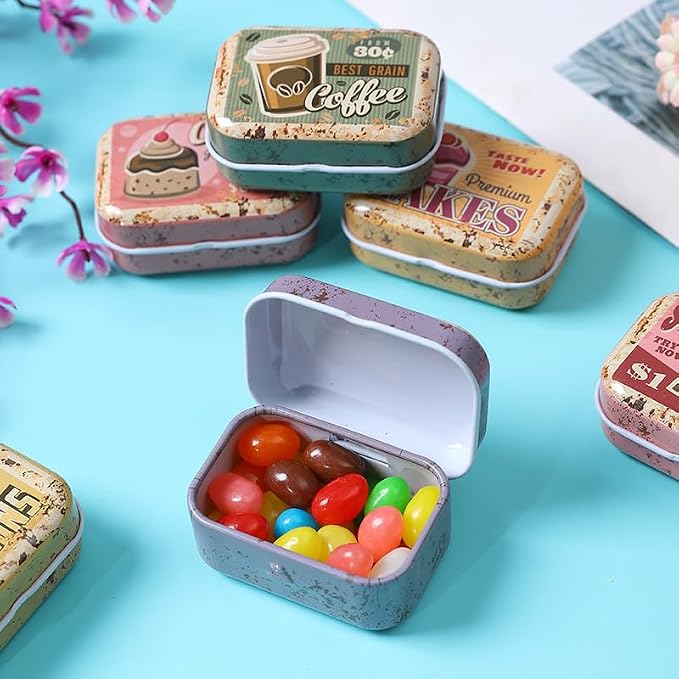 8Pcs Mini Butter Dessert Tin Trinket Jewelry Organizer Storage Box Decorative Boxes Vintage Small Metal Tins with Hinged Lids Portable Containers Small Storage Kit,Christmas Stocking Stuffers (Brown)