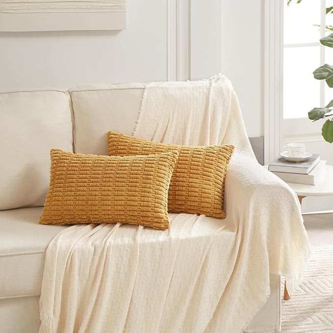 Fancy Homi Decorative Throw Pillow Covers for Bed Couch Bedroom Bench, Soft Lumbar Corduroy Solid Pillow Case, Rustic Farmhouse Boho Room Décor, 20" x 12" (Pack of 1), Mustard Yellow