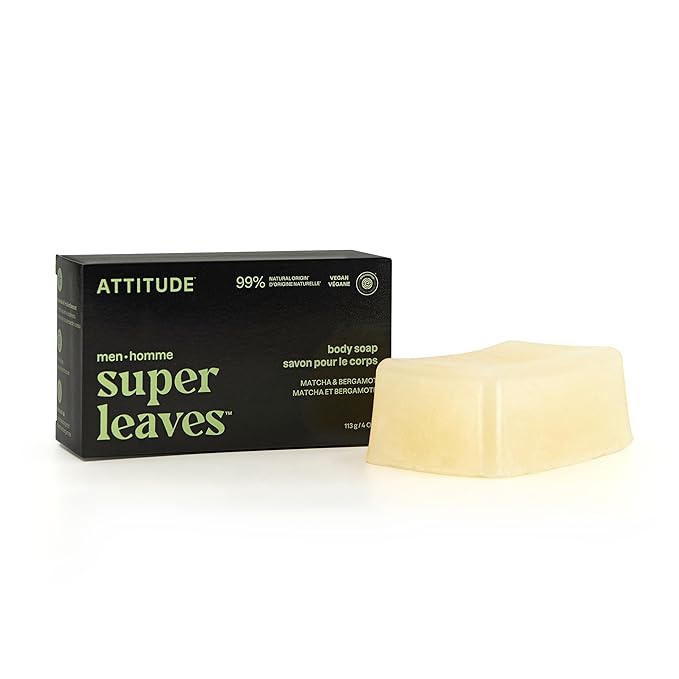 ATTITUDE Bar Soap Body Wash for Men, For Body and Hands, 99% Natural Origin Ingredients with Avocado Oil, EWG Verified, Matcha & Bergamot, 4 Oz
