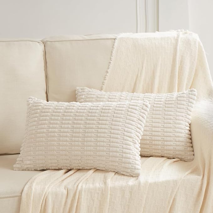 Fancy Homi Cream Lumbar Decorative Throw Pillow Covers 14x24 Inch for Living Room Couch Bed Sofa, Rustic Farmhouse Boho Home Decor, Soft Striped Corduroy Rectangle Cushion Case 35x60 cm