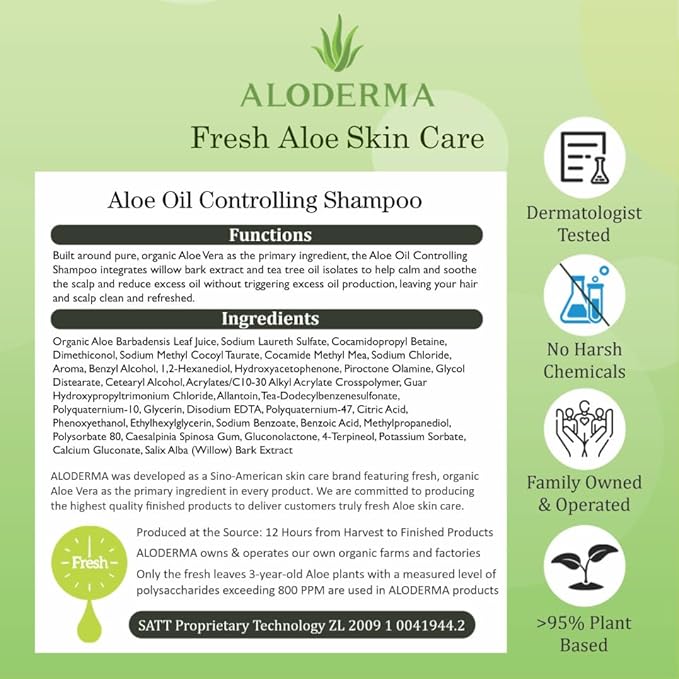 Aloderma Aloe Oil Control Shampoo 16oz - Made within 12 Hours of Harvest Fresh, Organic Aloe Vera (No Water Added), Tea Tree Oil, and Willow Bark Extract to Gently Cleanse Without Stripping or Drying