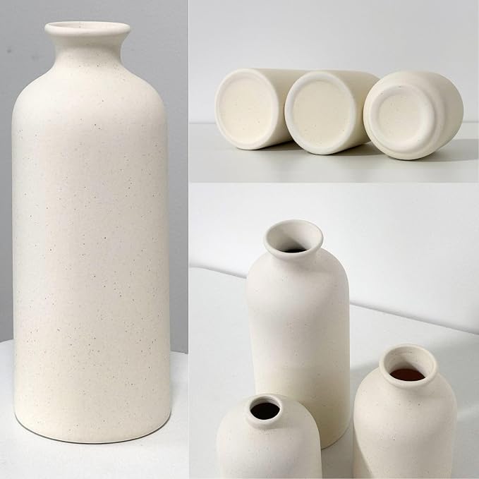 Small Ceramic Vase Set of 3,Modern Boho Farmhouse Flowers Vases | Decorative Vase for Dried Flowers,Pampas Grass,Home Decor,Shelf,Bathroom,Centerpiece for Entryway Table Distressed