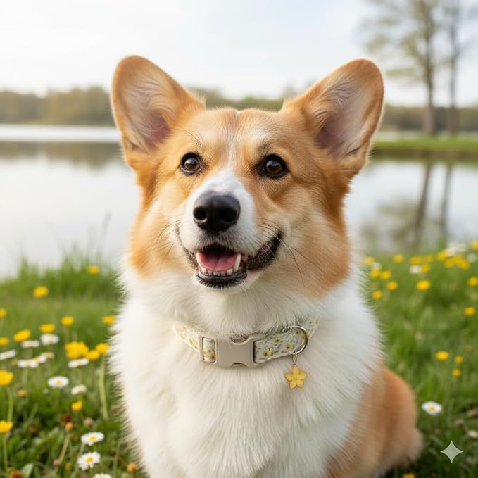 Dog Collar, Unique Floral Dog Collar Girl, Spring Summer Design Pet Collar with Cute Charm, Quick Release Buckle and Durable Fabric, Suitable for Small, Medium and Large Dogs