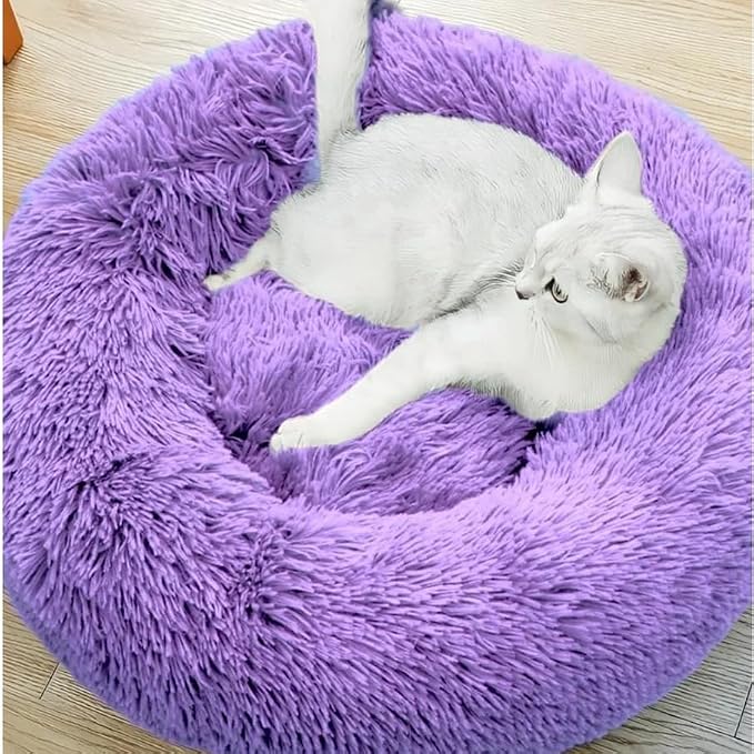 Purrfect Cat Beds - Washable 20 inches, Anti-Anxiety Round Plush Faux Fur, Thick Bottom (Purple, Medium) - Suitable for Indoor Cats & Small/Medium Dogs
