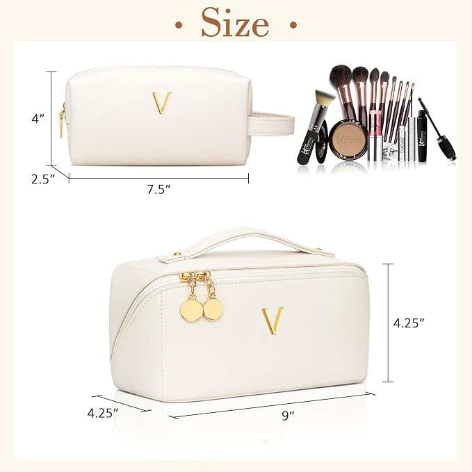 KKXIU Initial Makeup Bag for Women - Personalized Makeup Bag Gifts for Women, Travel Toiletry Bag with PU Leather, Open Flat Design with Top Handle, Cosmetic Bag Set with Multi-Pocket (Beige,V)