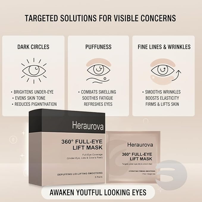 Aurova Beauty Eye Mask, Aurova Collagen Full Eye Masks, 360 Full Coverage Eye Patches with Collagen & Vitamin C, Nourishing and Non Irritating, For Puffy Eyes and Dark Circles, 5 Pairs