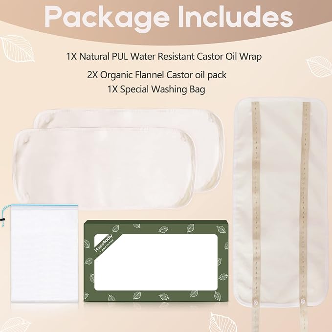 Haootadiy Castor Oil Pack Compress | Liver Detox, Constipation Relief, Better Sleep, 4 Pc Bundle with Two Flannel Liner Packs, Reusable