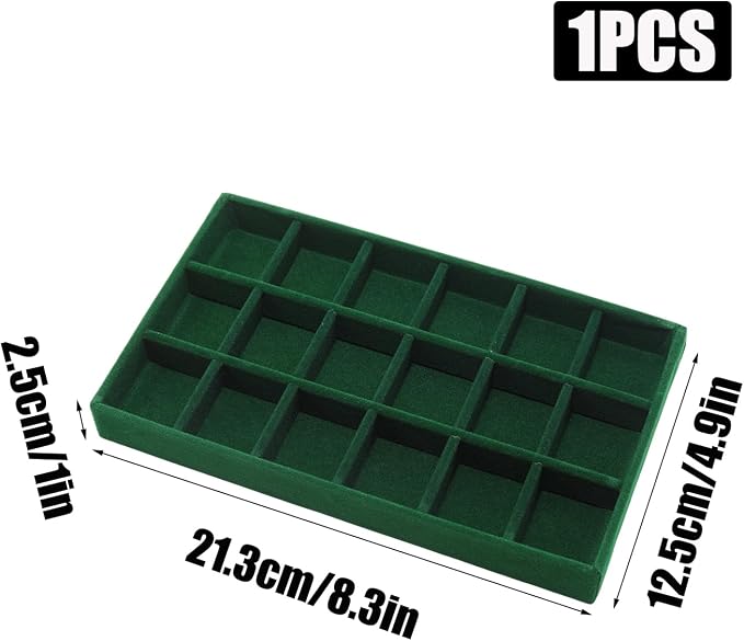 Velvet Jewelry Organizer Trays Dark Green 18 Grids | Stackable Jewelry Storage Holder Display Tray with Removable Dividers for Drawers