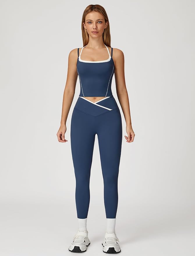 ABOCIW Workout Sets for Women 2 Piece Color Block Strappy Sports Bra High Waist Shorts Gym Yoga Pilates Outfits