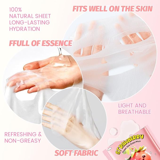 Kaely 12 Pack Strawberry Face Masks for Kids, Kids Face Mask Spa Day Kit Supplies, Spa Party Favors for Teens Girls Women, Sheet Facial Mask Skincare Gifts Set, Moisturize for All Skin Types, 06