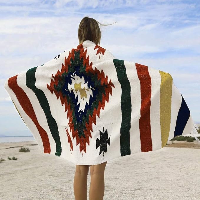 Open Road Goods Aztec Navajo Style Blanket, Throw, or Yoga Bolster - Handwoven Mexican Diamond Blanket (White Fiesta Blanket)