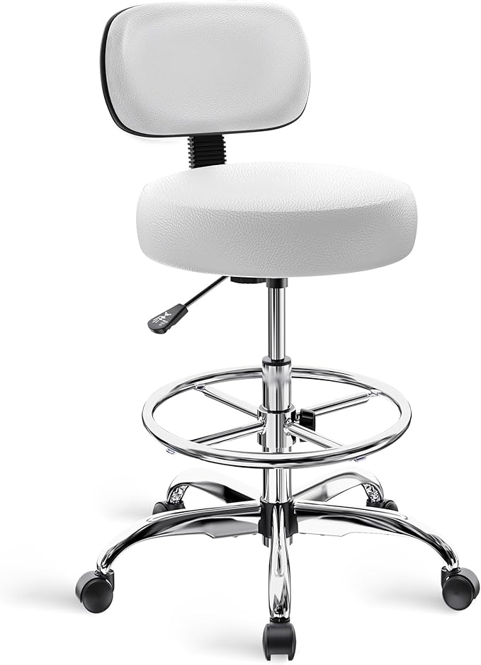 SUPERJARE Drafting Chair with Back, Adjustable Foot Rest Rolling Stool, Multi-Purpose Office Desk Chair, Thick Seat Cushion for Home Bar Kitchen Shop - White 7205W