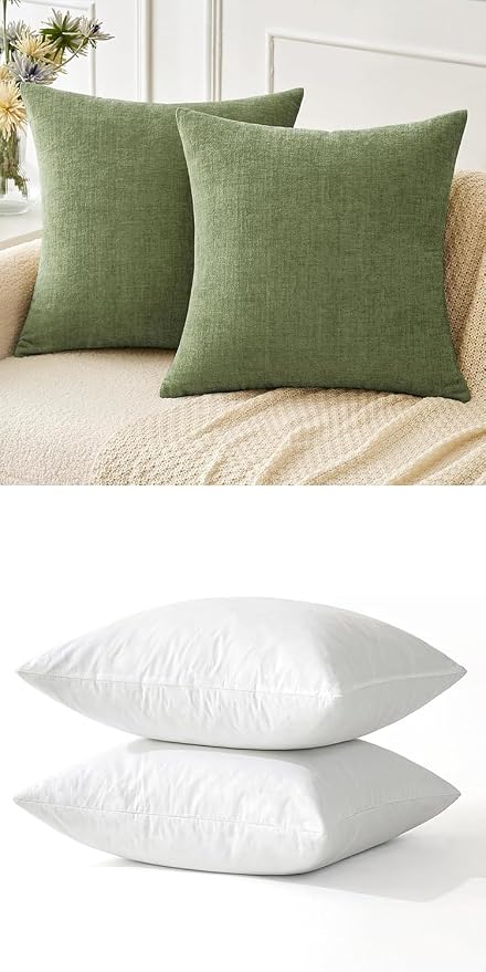 MIULEE Pack of 2 Couch Throw Pillow Covers 18x18 Inch Soft Sage Green Christmas Chenille, 18x18 Pillow Inserts Pack of 2 Down Alternative Decorative Feather Throw Pillow Inserts for Sofa Bed