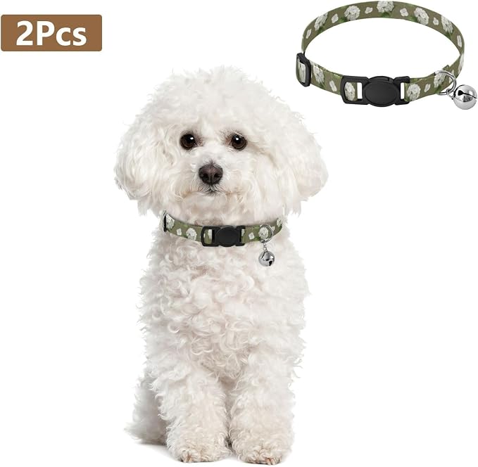 2 Pack Pet Collar White Hydrangea Green Collar with Bell for Dog Puppy, Adjustable Length 10.6" to 17.1"