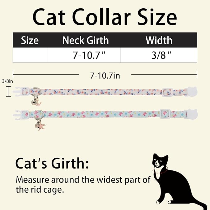 Cat Collars for Girl Cats & Boys, 2 Pack Soft Cotton Breakaway Collar with Removable Bell and Cute Charms, Adjustable Safety Pet Necklace, Ocean