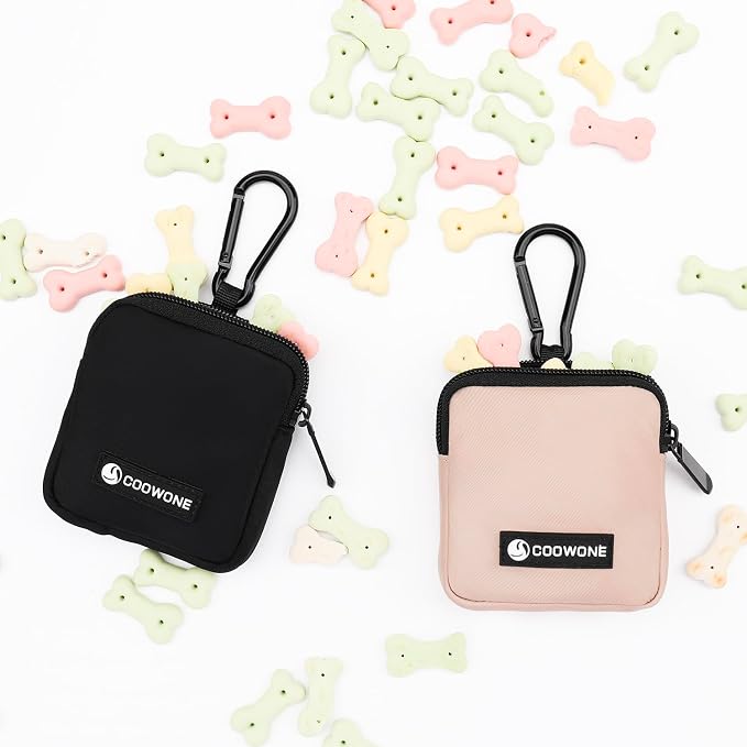 Dog Treat Pouch 2 PCS, Waterproof Small Dog Treat Bag for Leash, Hands Free Puppy Walking Bag with Carabiner, Pet Poop Bag Holder for Pet Puppy Travel or Outdoor Use, Zipper Closure to Avoid Spilling