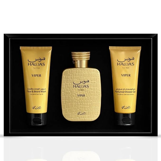 RASASI Hawas Viper 3-Piece Perfume Gift Set Eau de Parfum Spray & Face, Beard Wash & Shower Gel 100ml (3.4 Oz)
