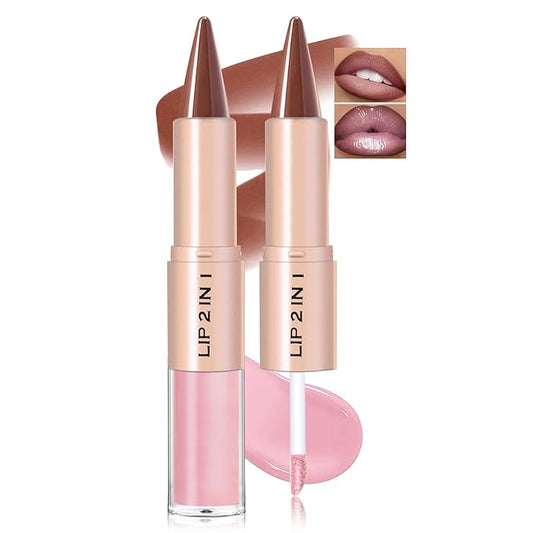 Lip Liner Gloss Lip Combo Set, 2 in 1 Lip Duo Natural Nude Lip Liner Lipstick Glossy Nourishing Soft Pink Gloss Lip Kit, Smooth Quick Fuller Plumping Juicy Lip Makeup for Women09#Soft Pink