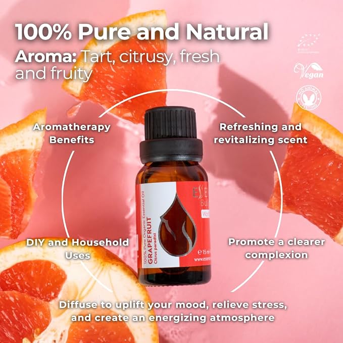 Essences Bulgaria Organic Grapefruit Essential Oil 0.51 Fl Oz 15ml Citrus paradisi 100% Pure Natural Undiluted Therapeutic Grade for Home Aromatherapy Home Diffuser Humidifier Hot Tub and Massage Oil