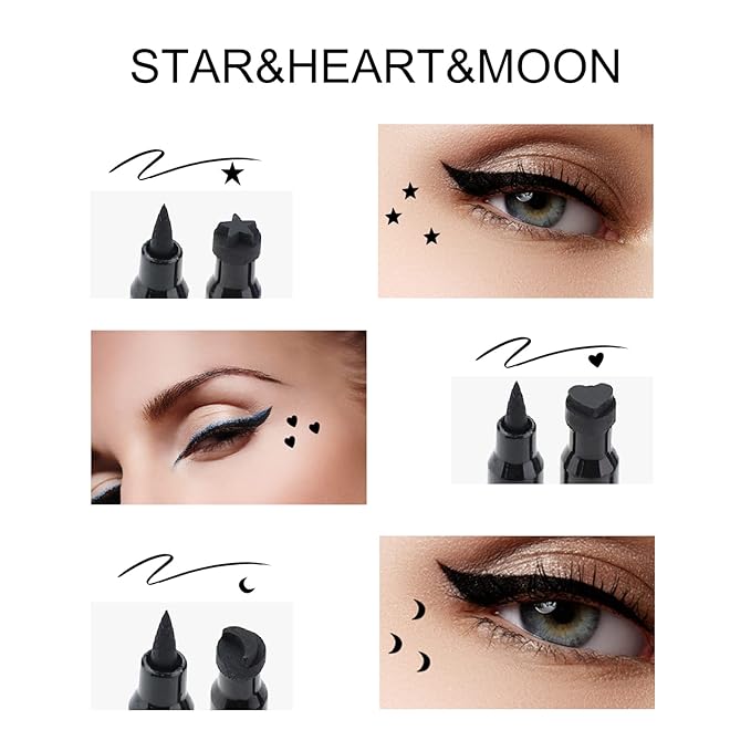 Ownest 3 Pcs Double-sided Liquid Eyeliner Pen,with Eye Makeup Stamp Super Slim Gel Felt Tip High Black Pigment,Waterproof Smudgeproof Long Lasting Eyeliner Eye Tattoo Makeup Tool